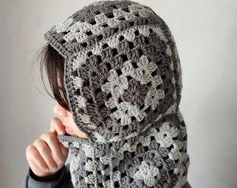 Cagoule au crochet, cagoule carrée de grand-mère, cagoule grise faite à la main, chapeau carré de grand-mère, chapeau d'hiver au crochet, cagoule unisexe