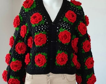 Red Rose Cardigan, Crochet Jumbo Rose Cardigan, Christmas Cardigan, Crochet Rose Chunky Cardigan, Winter Cardigan, Festival Cardigan