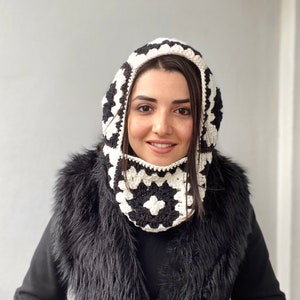 Handmade Crochet Granny Square Balaclava: Black & White Winter Hat