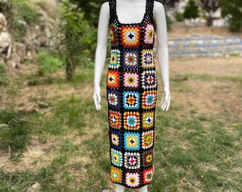 Handmade Crochet Granny Square Dress: Colorful Cotton Hippie Style