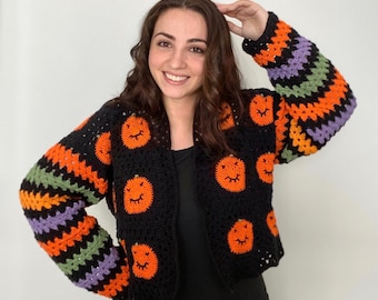 Halloween Cardigan for Woman, Crochet Cardigan, Fall Cardigan, Oversized Pumpkin Cardigan, Halloween Knit Cardigan, Handknitted Cardigan