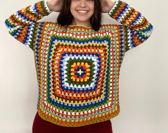 Women’s Crochet Pullover Sweater, Granny Square Sweater, Handmade Pullover, Crochet Patchwork Sweater, Oversize Handmade Sweater