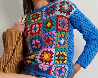 Granny Square Sweater, Handmade Patchwork Sweater, Crochet Winter Sweater for Women, Crochet Sweater, Warm Sweater,