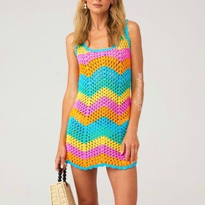 Wavy Crochet Dress, Crochet Wavy Dress, Rainbow Crochet Dress, Wavy Striped Dress, Crochet Dress, Festival Outfit, Colorful Dress image 1