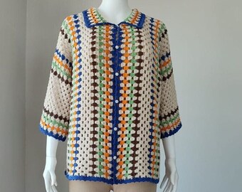 Handmade Crochet Striped Shirt: Unisex Cotton Knit