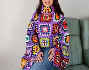 Mochi Sweater, Granny Square Sweater, Handmade Patchwork Sweater, Crochet Winter Sweater for Women, Oversize Sweater, Knit Sweater