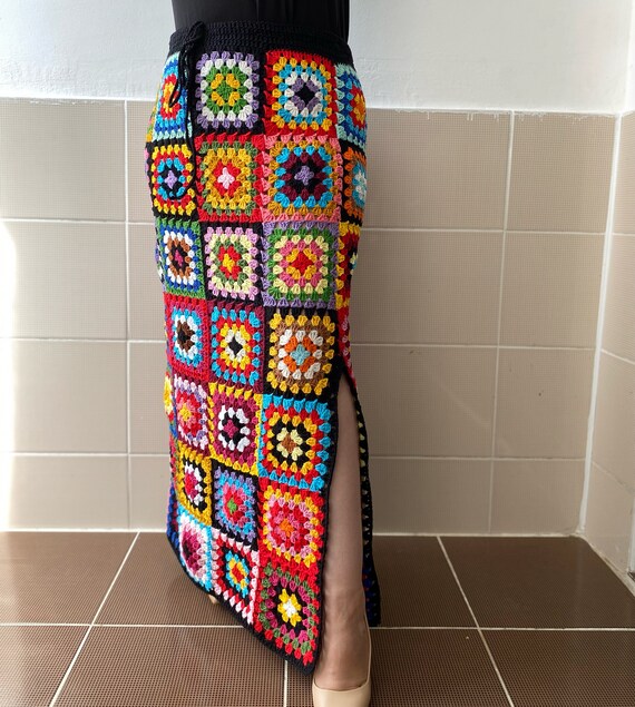90’s vintage long Flower crochet skirt Crochet Granny Square Long Skirt, Handmade Long Skirt