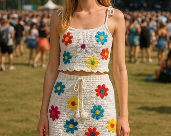 Conjunto de falda y top corto de flores de crochet: tejido de algodón ligero