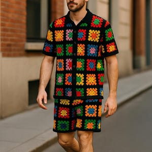 Handmade Crochet Granny Square Outfit: Men&#39;s Festival Cotton Set