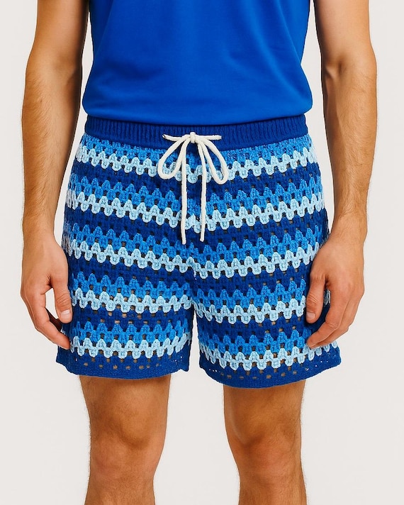 Crochet Mens Shorts: Striped Cotton Knit Beach Shorts Australia