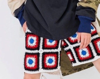 Colorful Shorts, Ethnic Shorts, Handmade Handknit Crochet Shorts, Bohemian Men’s Shorts, Outfit Men, Granny Square Shorts, Oversize Shorts