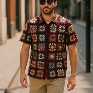 Handmade Crochet Granny Square Shirt: Vintage Style Cotton Knit