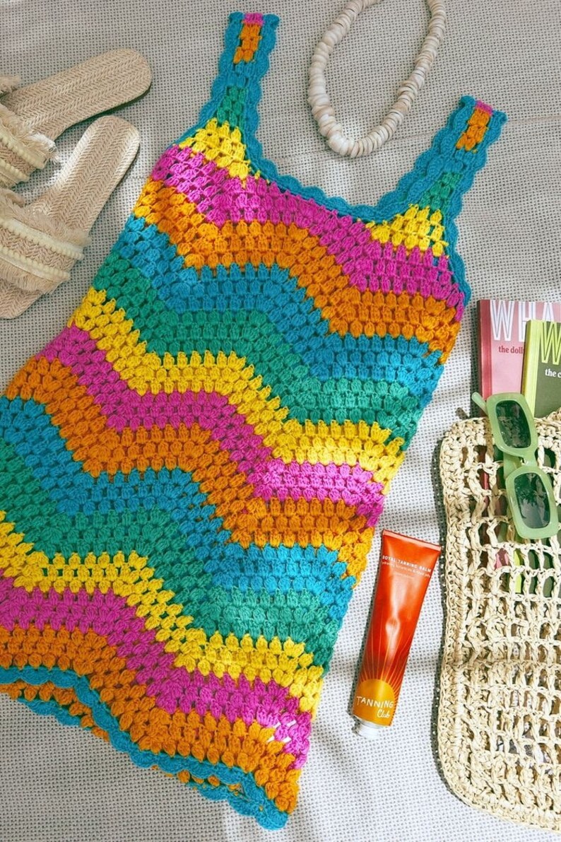 Wavy Crochet Dress, Crochet Wavy Dress, Rainbow Crochet Dress, Wavy Striped Dress, Crochet Dress, Festival Outfit, Colorful Dress image 3