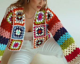 Crochet Granny Square Cardigan, Crochet Floral Cardigan, Handmade Mini Patchwork Cardigan, Handmade Cardigan, Crochet Cardigan