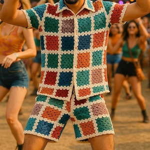 Handmade Crochet Granny Square Outfit: Men&#39;s Festival Shirt and Shorts