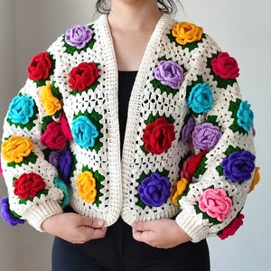 Crochet Rose Cardigan: Colorful Granny Square, Burning Man Style