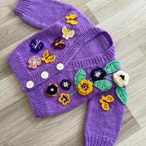 Handmade Knitted Kids Cardigan: Purple Flower & Butterfly Sweater
