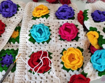 Colorful Rose Cardigan, Crochet Jumbo Rose Cardigan, Cream