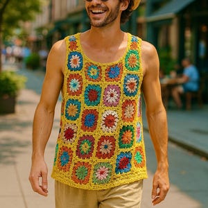 Handmade Crochet Granny Square Tank Top - Men&#39;s Festival Wear