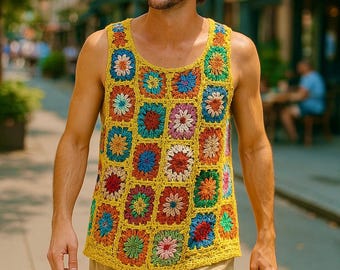 Handmade Crochet Granny Square Tank Top - Men's Festival Wear