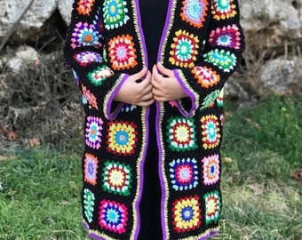 Black Wool Coat, Knit Cardigan Women, Crochet Afghan Cardigan, Wool Cardigan, Handmade Cardigan For Women