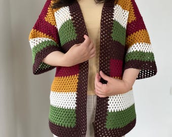 Handmade Cotton Crochet Granny Square Cardigan - Boho Style