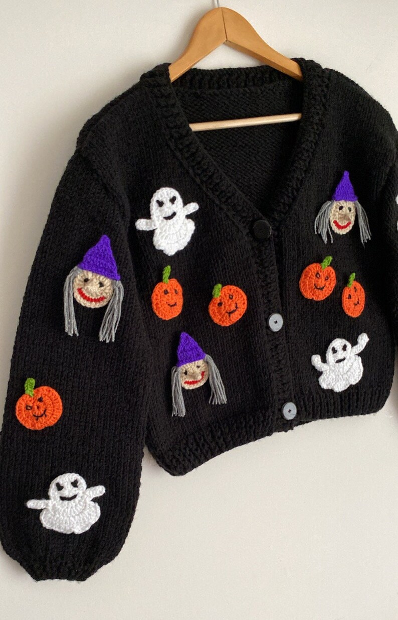 Cardigan de lã tricotado à mão para Halloween: design de abóbora, fantasma e bruxa imagem 5