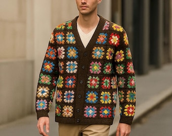 Crochet Grandma Square Cardigan: Handgemachter Wollstrickpullover
