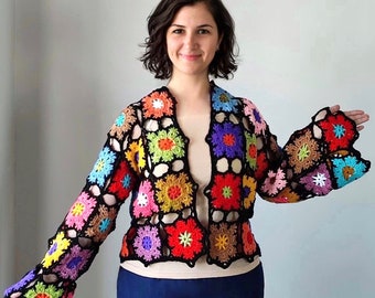 Crochet Granny Square Cardigan, Crochet Floral Cardigan, Handmade Mini Patchwork Cardigan, Crochet Mini Floral Cardigan, Crochet Cardigan