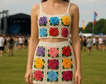 Crochet Rose Skirt Set: Handmade Cotton Summer Outfit