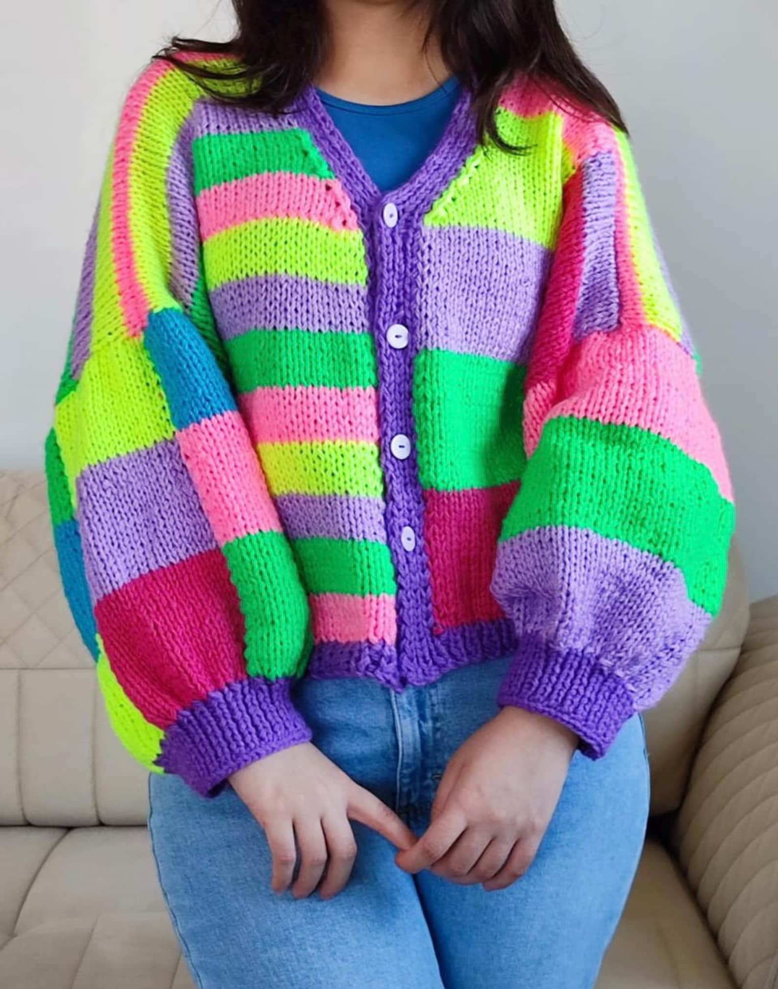 Cozy Rainbow Knit Cardigan, Handcrafted Chunky Sweater, Oversized ...