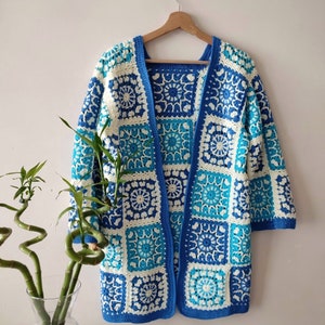 Blue Wool Coat, Knit Cardigan Women, Crochet Afghan Cardigan, Wool Cardigan, Handmade Cardigan For Women