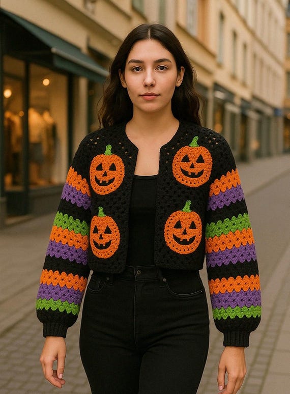 Hand-knitted Halloween Pumpkin Cardigan: Crochet Fall Fashion - Etsy