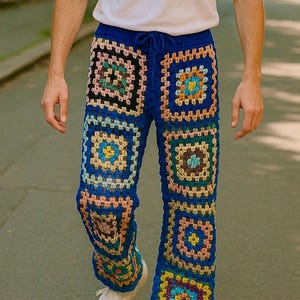 Hand Knitted Crochet Granny Square Pants: Boho Festival Trousers