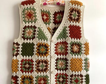 Crochet Granny Square Vest: Unisex Bohemian Cotton Sweater
