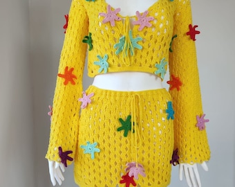 Floral Crochet Mini Skirt Set: Yellow Cotton Festival Outfit