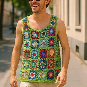 Handmade Crochet Granny Square Tank Top: Men&#39;s Boho Festival Fashion