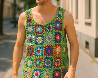Handmade Crochet Granny Square Tank Top: Men's Boho Festival Fashion
