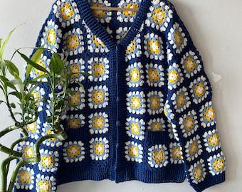 Oversize-Baumwoll häkeln Grandma Square Cardigan - Boho Style