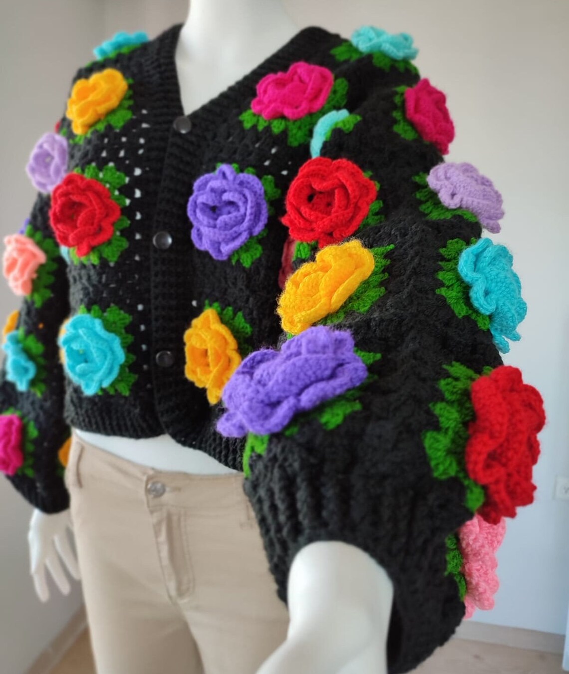 Colorful Rose Cardigan Crochet Jumbo Rose Cardigan Black Etsy