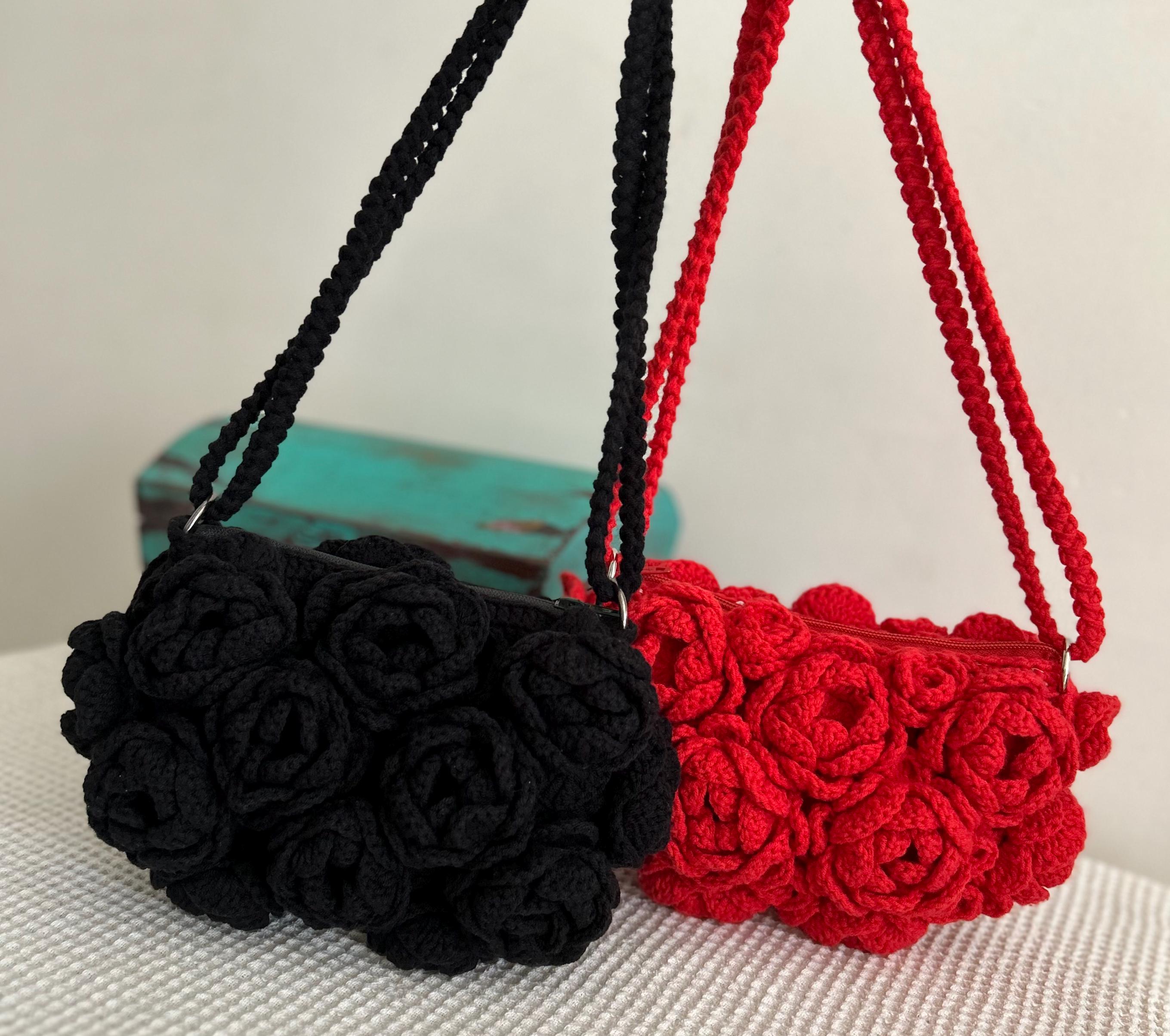 赤いバラのかぎ針編みバッグ：手作りコットンショルダーバッグ - Etsy 日本