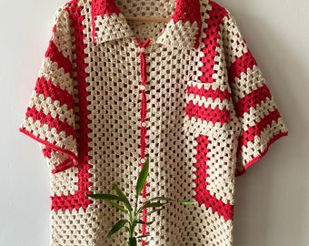 Handgemaakt gehaakt katoenen shirt: rood-beige uniseks gebreide top