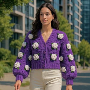 Handmade Crochet Purple Cardigan: 3D Rose Granny Square Knit