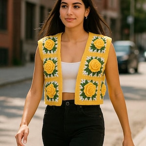 Handmade Crochet Granny Square Vest: Yellow 3D Rose Crop Top