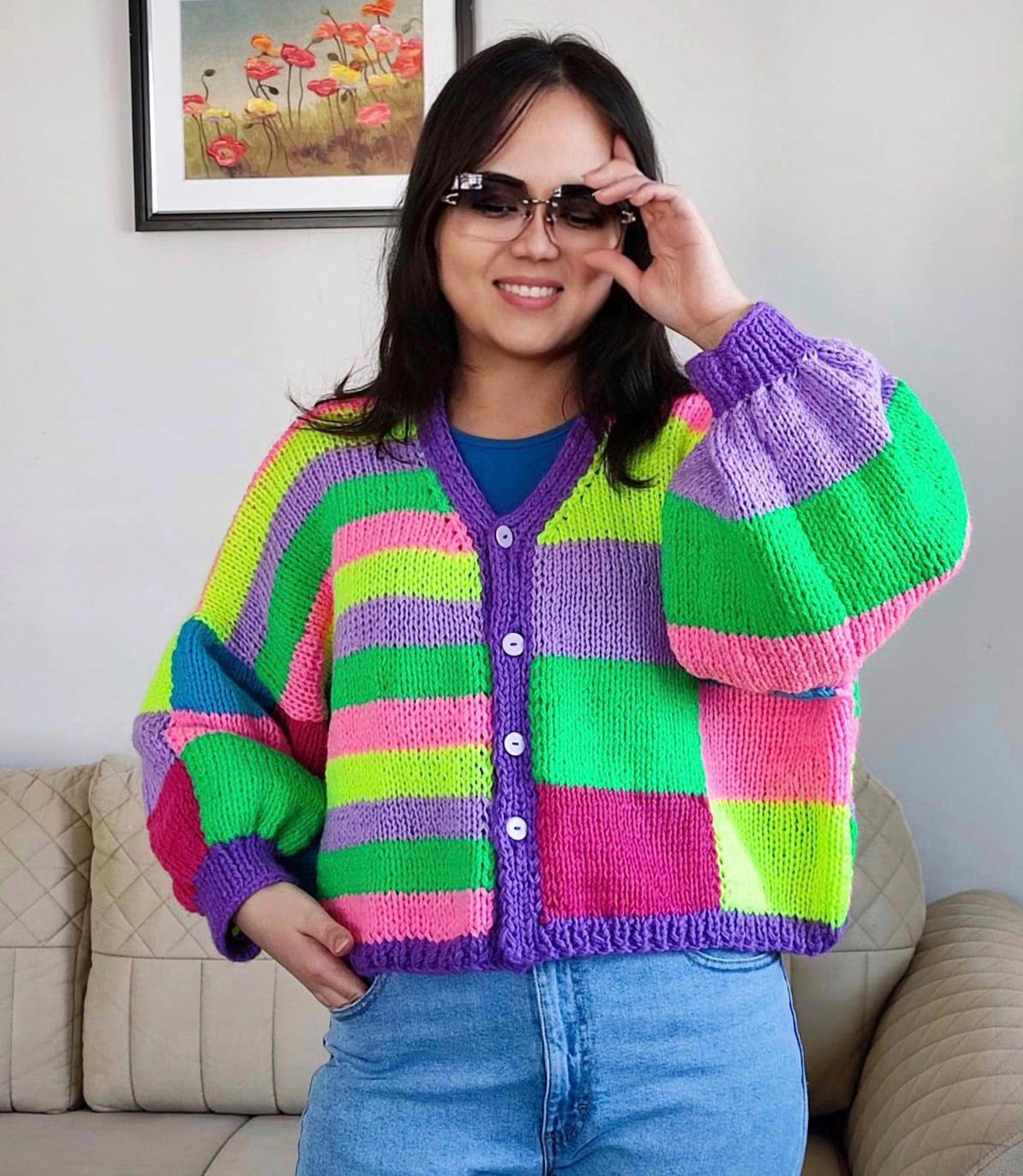 Cozy Rainbow Knit Cardigan, Handcrafted Chunky Sweater, Oversized ...