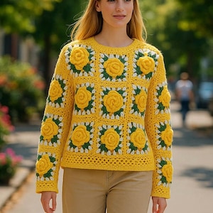 Hand-Knitted Crochet Yellow Rose Granny Square Sweater
