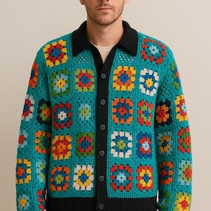 Handmade Crochet Granny Square Cardigan - Men&#39;s Bohemian Knit Sweater