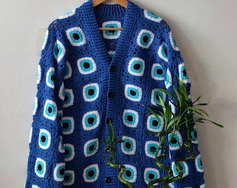 Crochet Cardigan, Mens Cardigan, Blue Evil Eye Button-Up, Crochet Evil Eye Cardigan, Sweater for Men, Knitted Cardigan, Unisex Sweater,