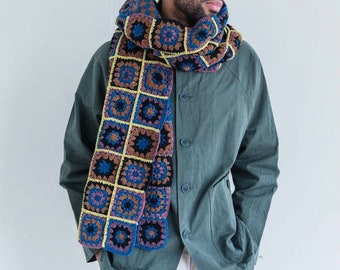 Granny Square Scarf, Knitted Scarf Women, Boho Scarf, Crochet Scarf, Knitted Scarf Men, Granny Square Shawl, Vintage Scarf, Outfit Men