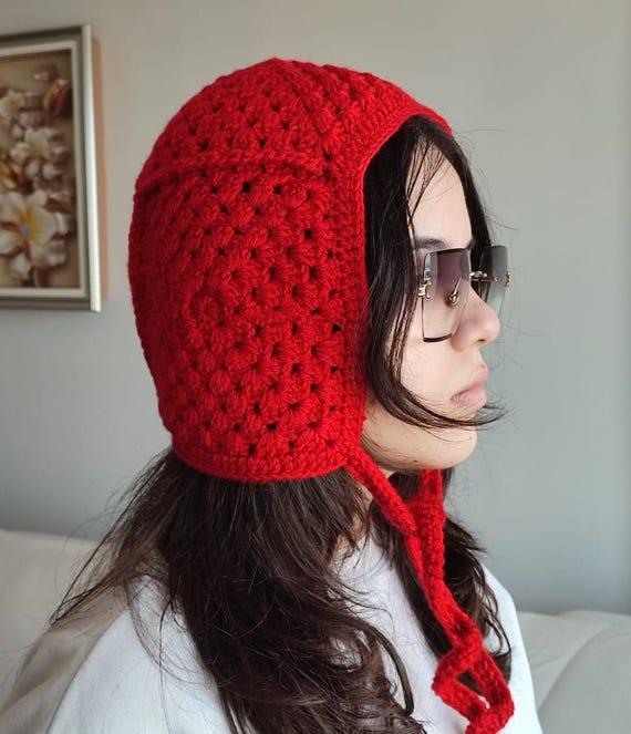 Handmade Red Crochet Bonnet: Warm Winter Tie Hat - Etsy